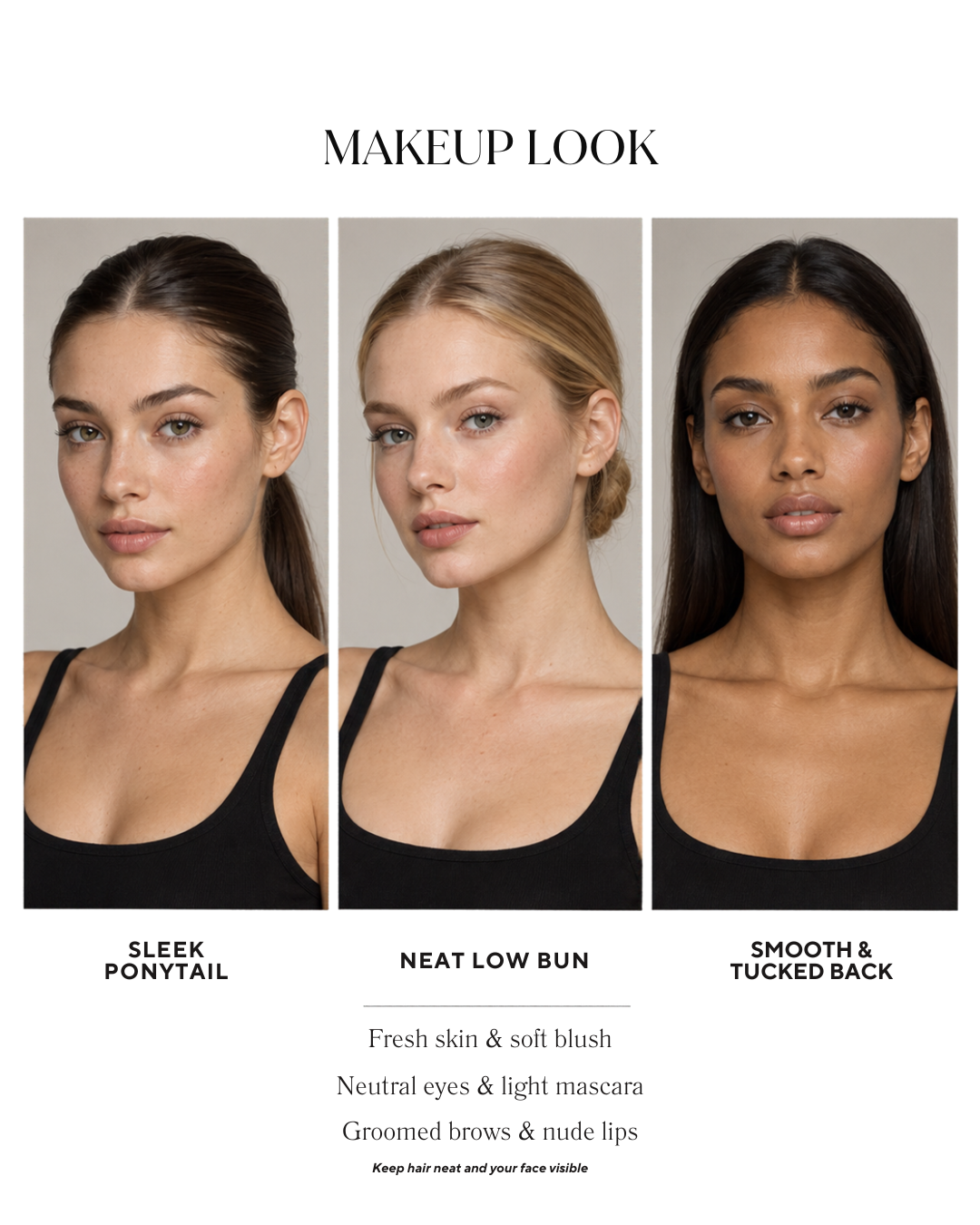 Makeup look reference: sleek ponytail, neat low bun, or smooth hair tucked back; fresh skin and soft blush, neutral eyes and light mascara, groomed brows and nude lips
